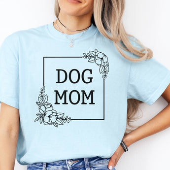 Light blue floral spring dog mom shirt.